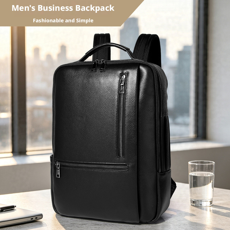 Leather Work Rucksack Mens - Zwarte, echte leren laptoptas voor heren,