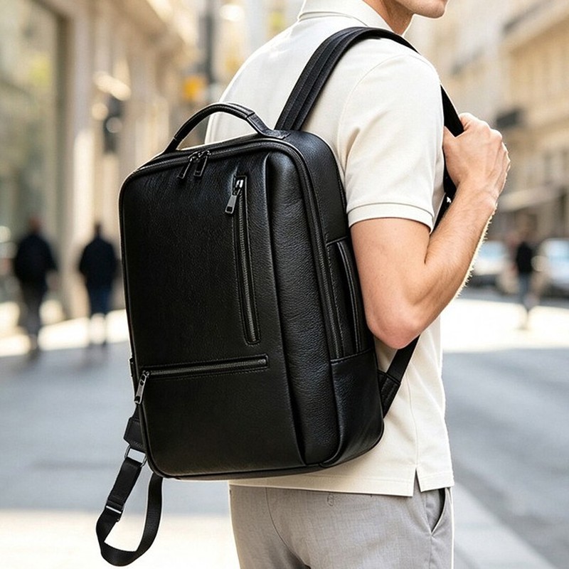 Zwarte, echte leren laptoptas  - Leather Work Rucksack Mens recensie en prijs